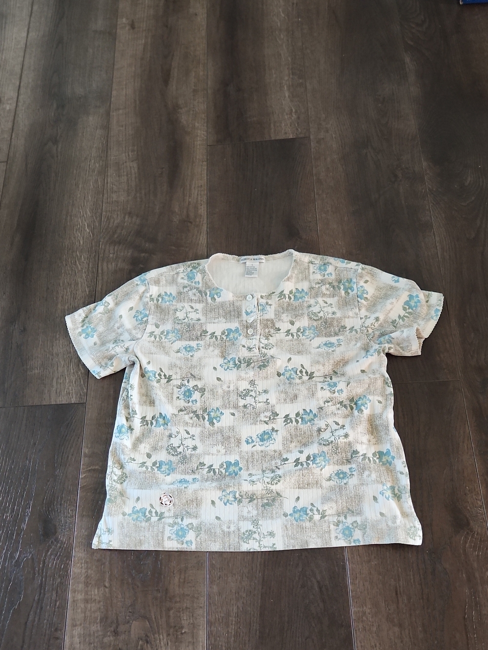 Rebecca Malone Light Blue Floral Short-Sleeve Shirt Women's Vintage Large